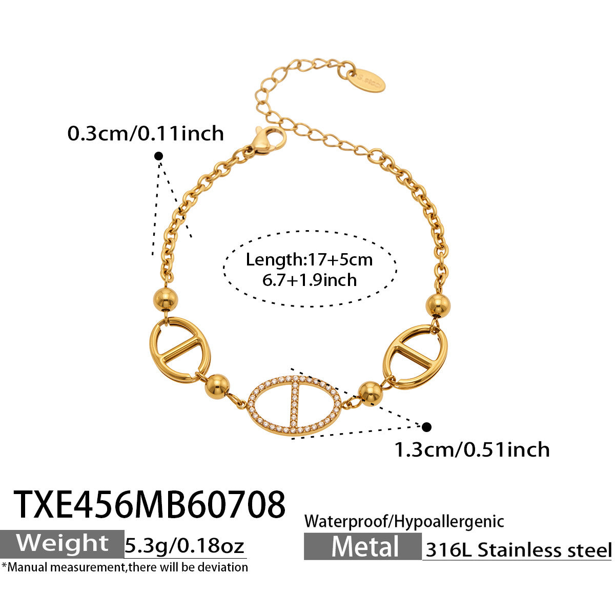 TXE456 gold D-shaped zircon bracelet made from 316L stainless steel with 17+5cm adjustable length, 1.3cm geometric zircon charm and 5.3g weight