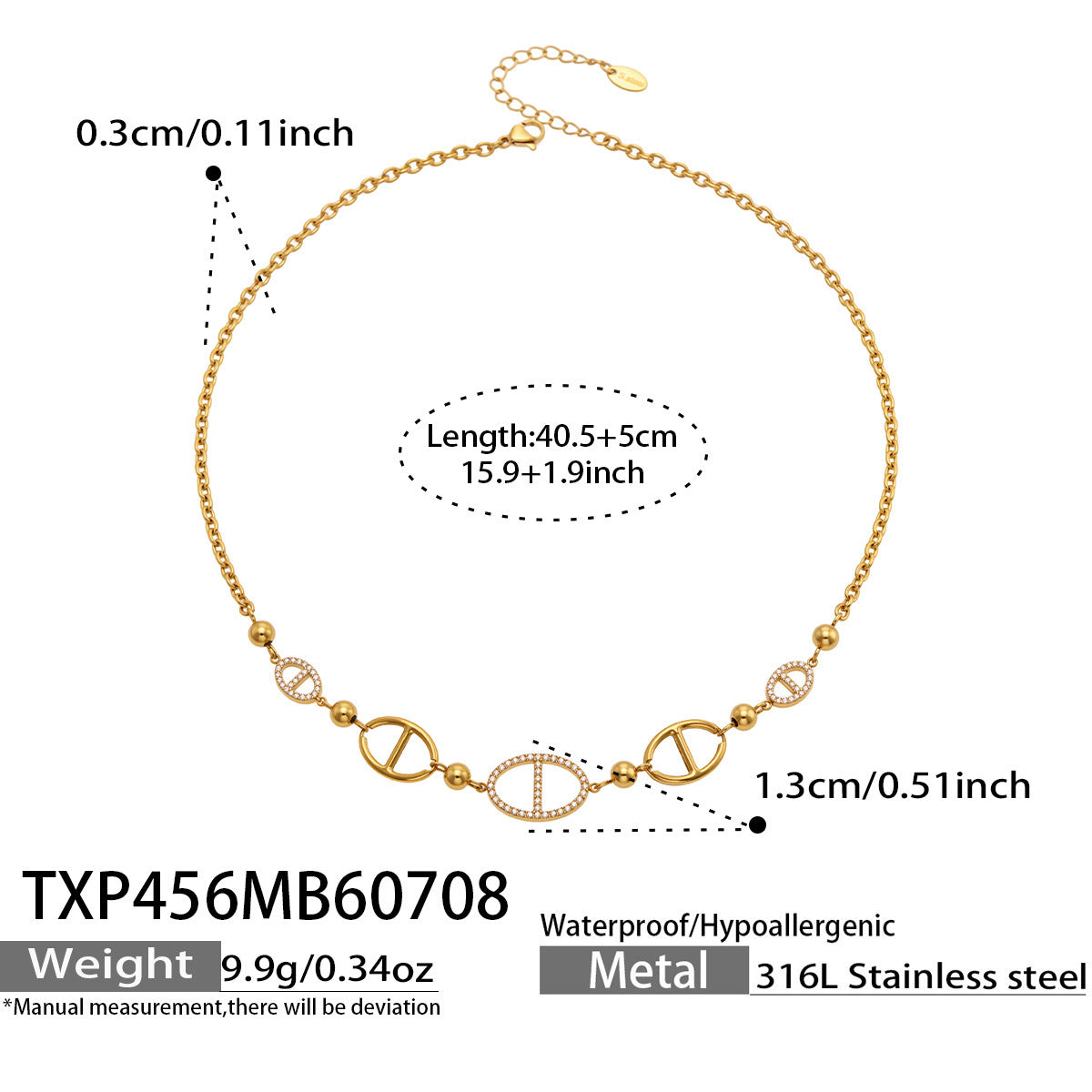 TXP456 gold D-shaped zircon necklace made from 316L stainless steel with 40.5+5cm adjustable length, 1.3cm geometric zircon charms and 9.9g weight