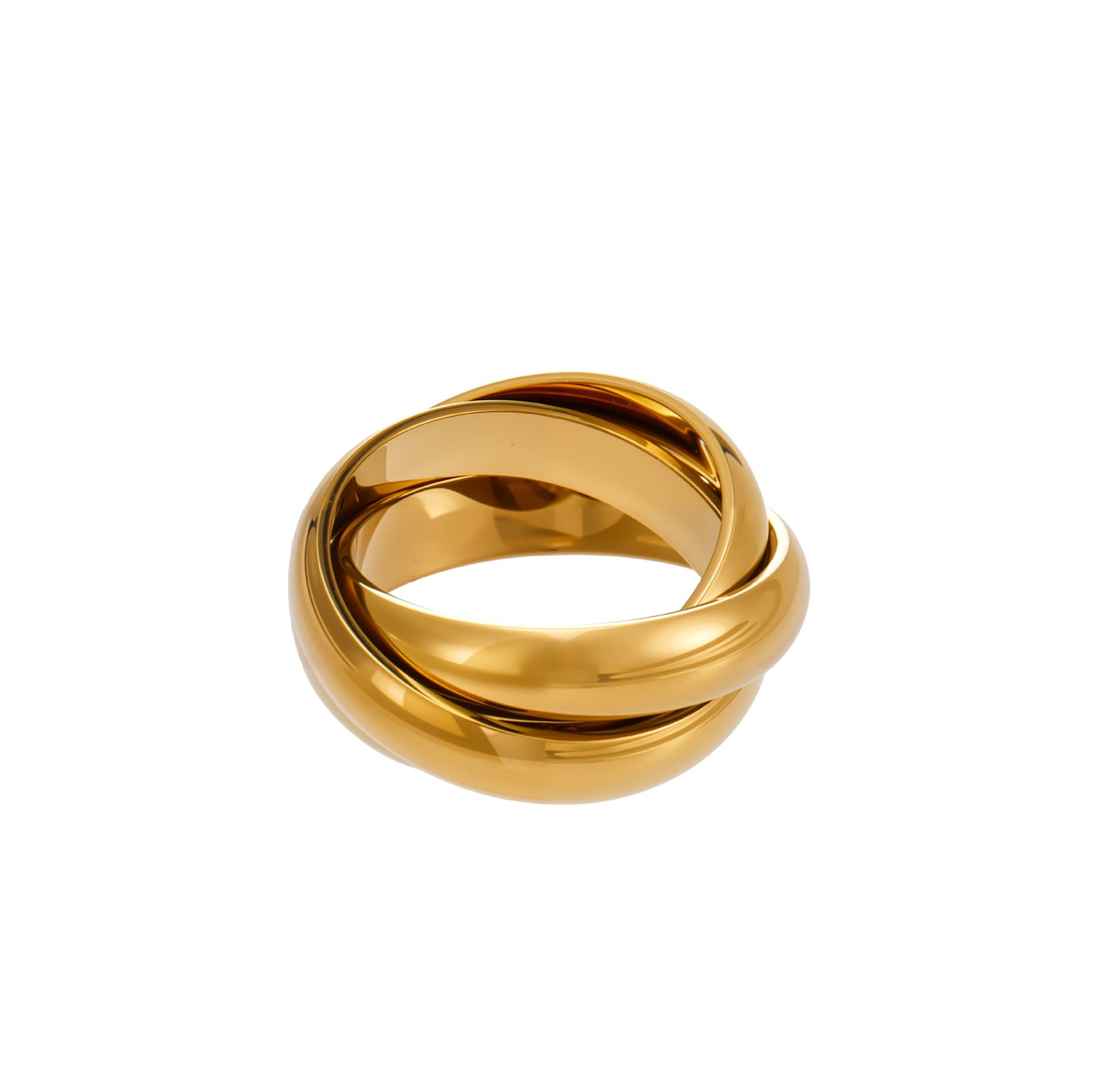 Gold double interlocking ring in 316L stainless steel with chunky stacked design for wholesale boutique jewelry buyers