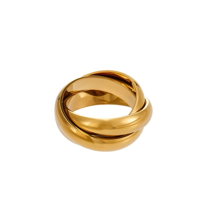 Gold double interlocking ring in 316L stainless steel with chunky stacked design for wholesale boutique jewelry buyers