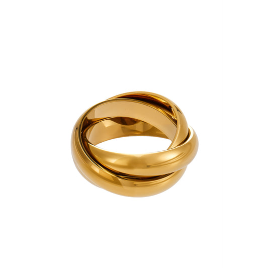 Gold double interlocking ring in 316L stainless steel with chunky stacked design for wholesale boutique jewelry buyers