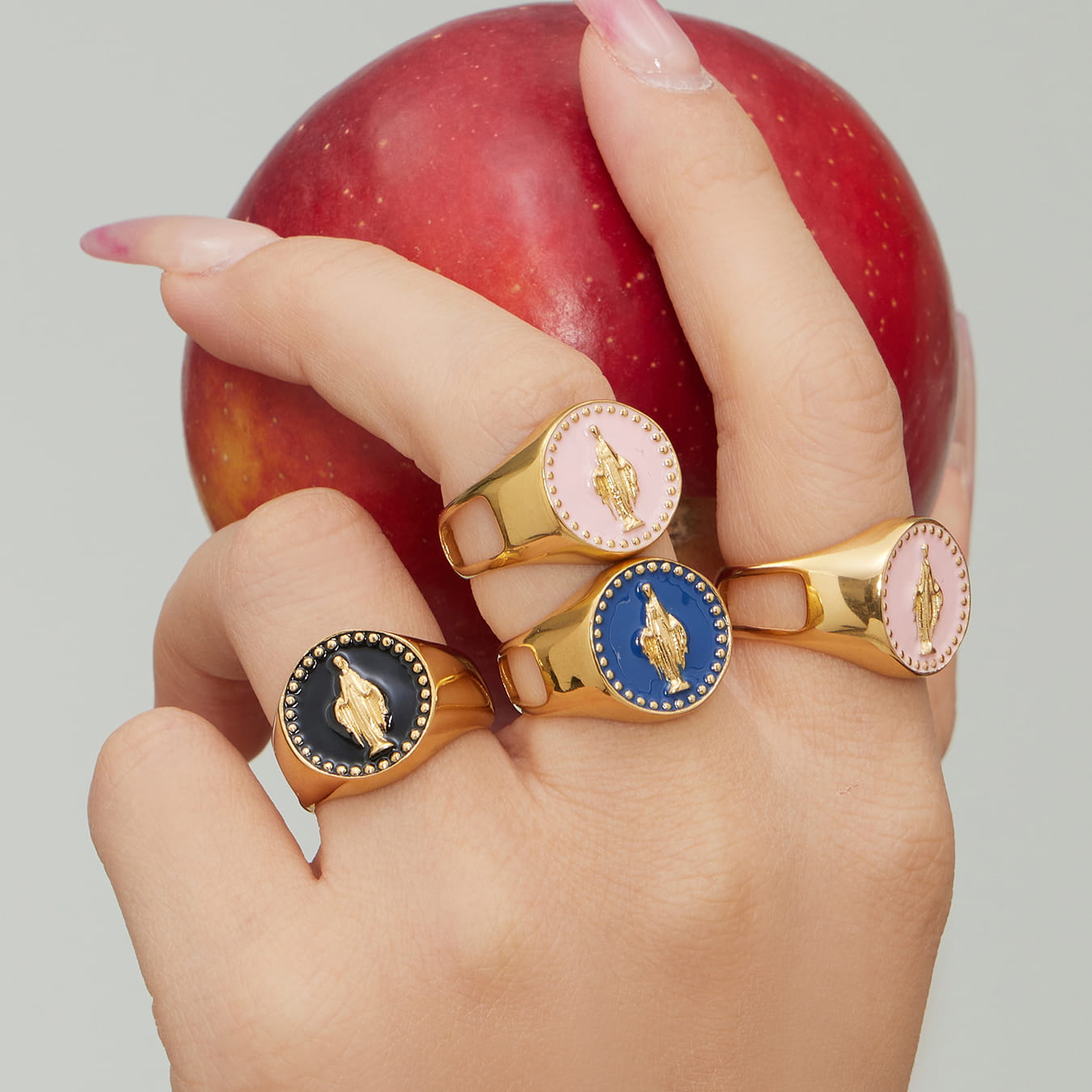 Gold enamel Virgin Mary signet rings worn on hand, stainless steel religious statement jewelry in multiple colors
