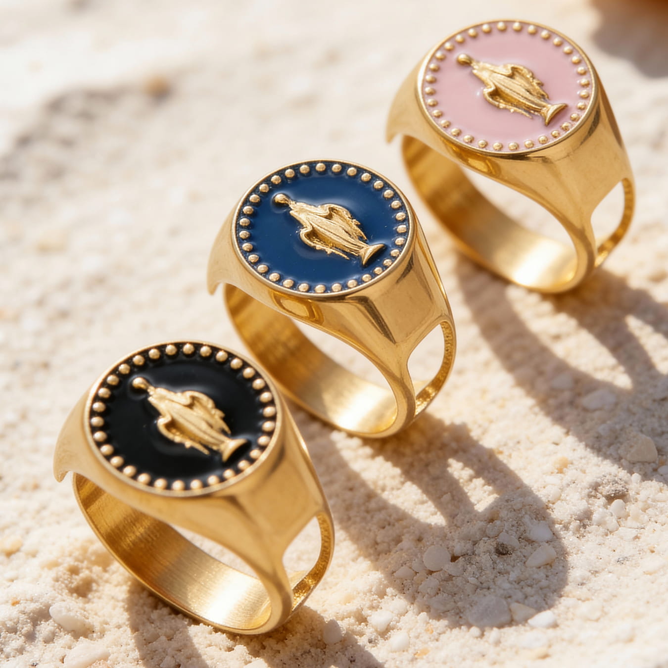 Gold enamel Virgin Mary signet rings in black blue and pink, made of stainless steel with polished finish