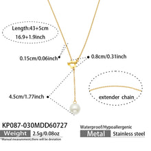 Gold faux pearl Y necklace length, drop and product specification guide