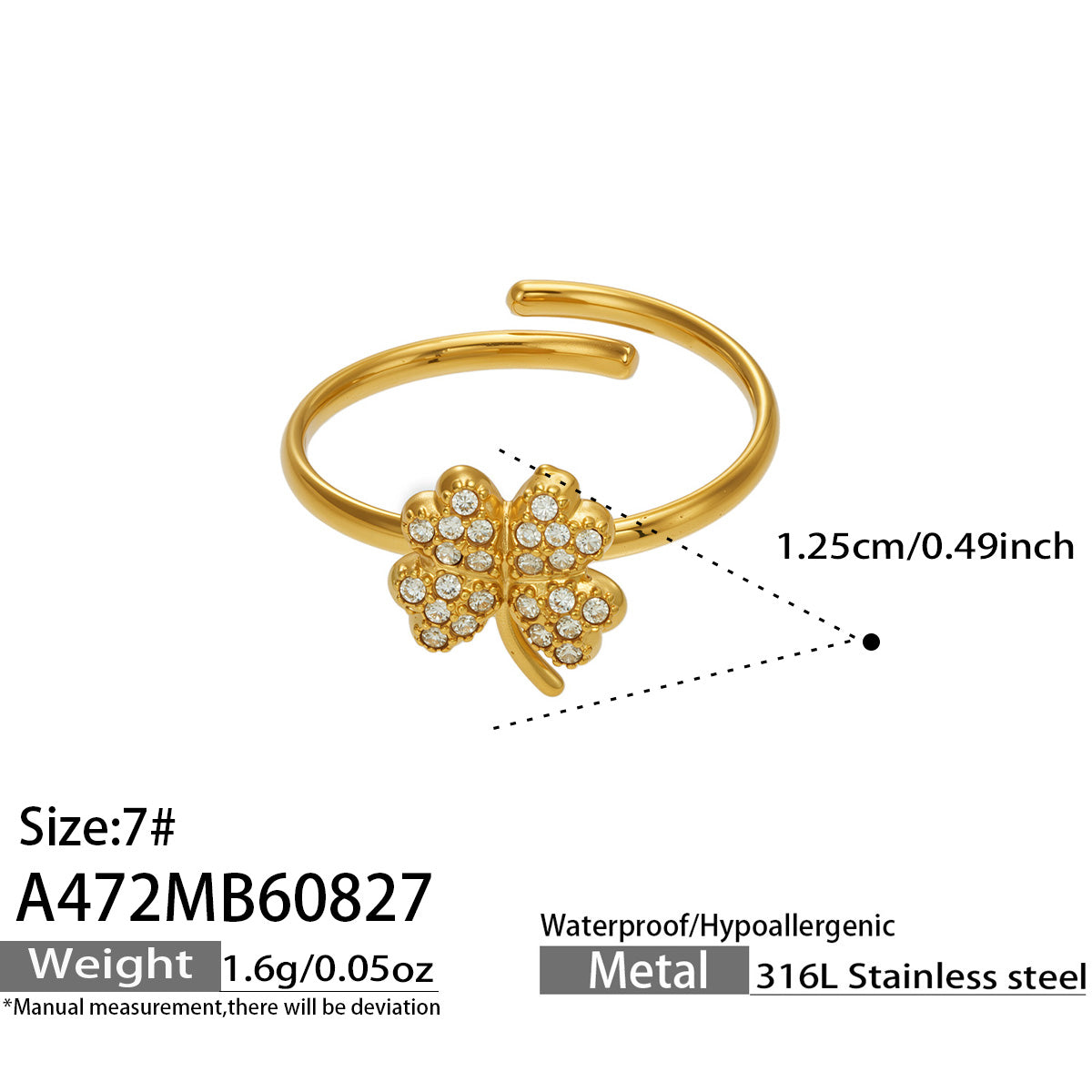 Size and measurement details for a gold floral cubic zirconia open ring with 18K PVD finish