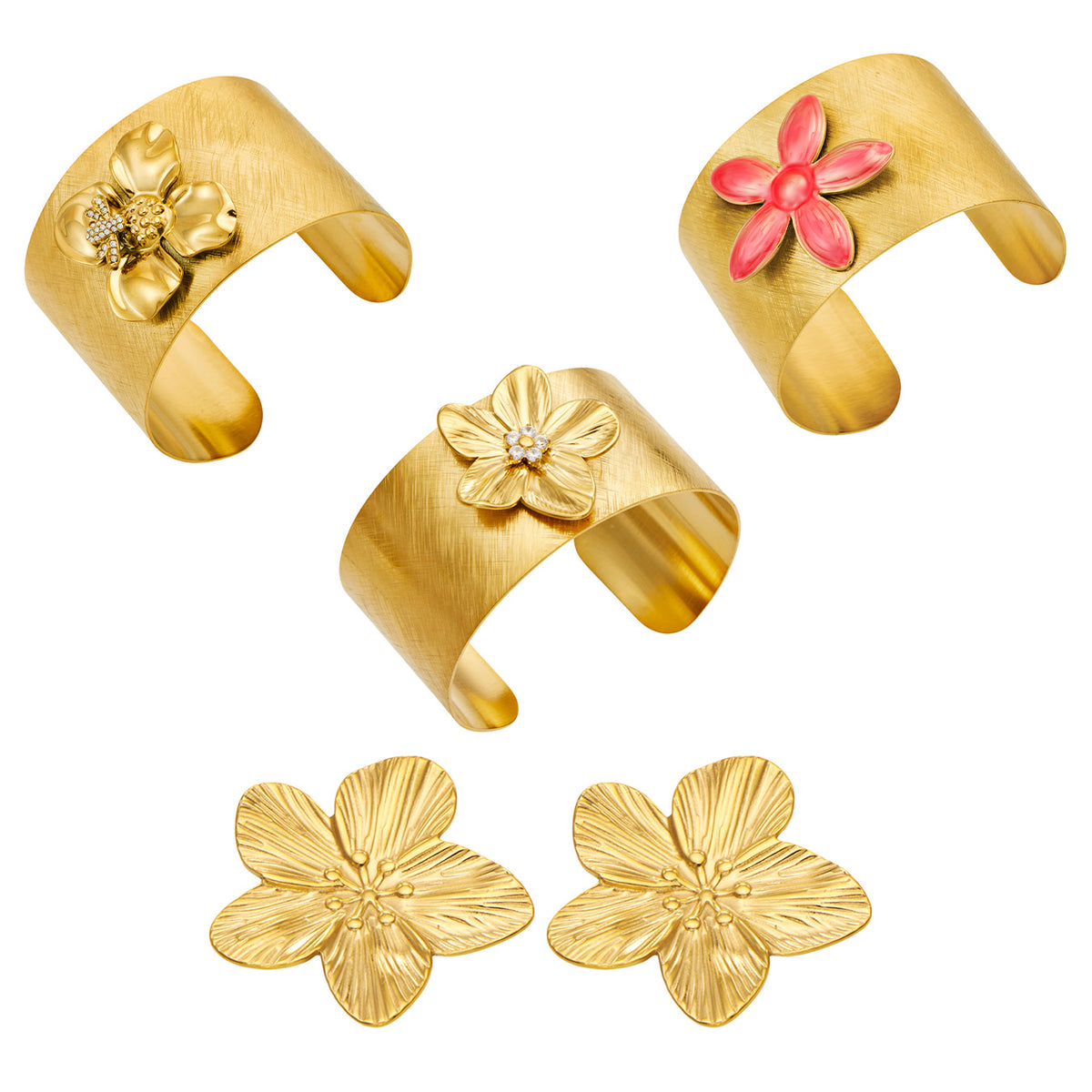 Matching gold flower earrings and stainless steel cuff bangles with floral designs