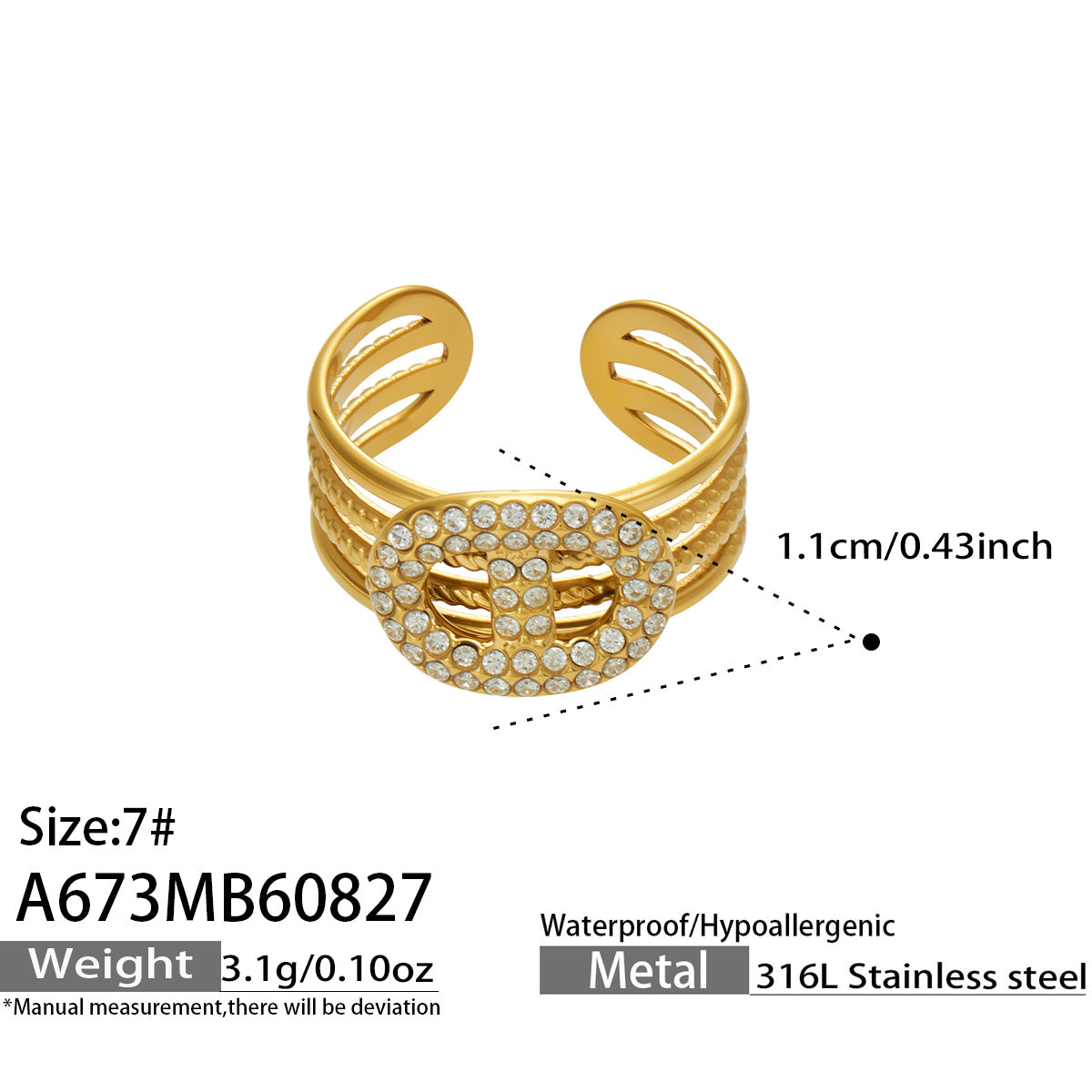 Size and measurement details for a gold 316L stainless steel geometric CZ open ring