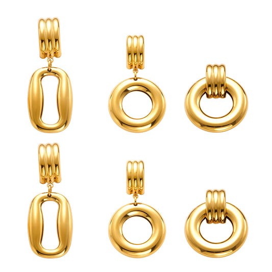 Gold-tone stainless steel door knocker earrings in hollow rectangle, compact round and large round designs