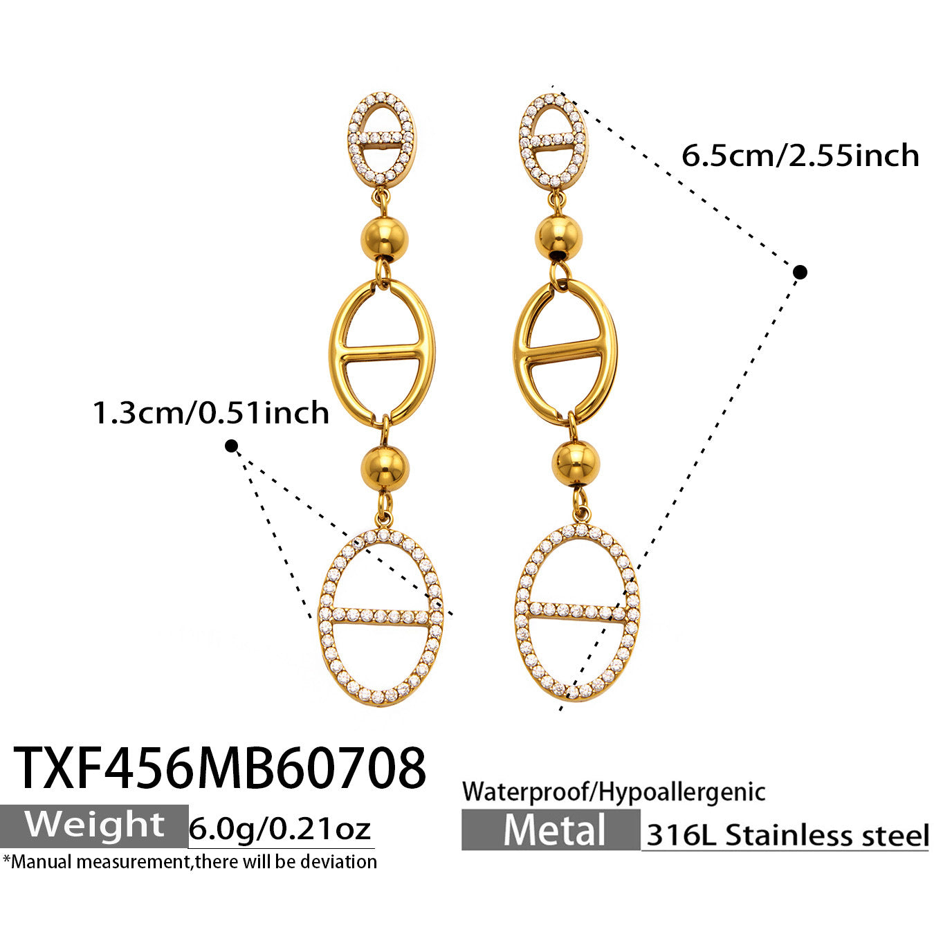 Detail view of gold geometric D-shaped zircon drop earrings worn on ear with sparkling zircon accents