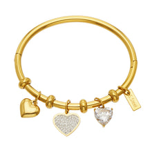 Gold heart charm bangle bracelet with smooth, pavé and clear zircon heart pendants