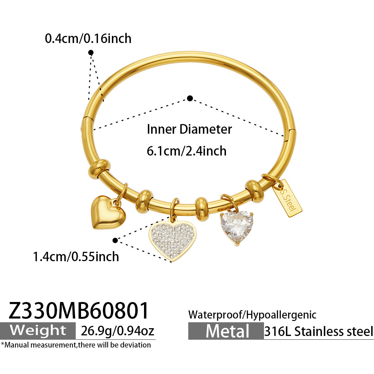 Gold heart charm bangle bracelet dimensions, weight and product specification guide