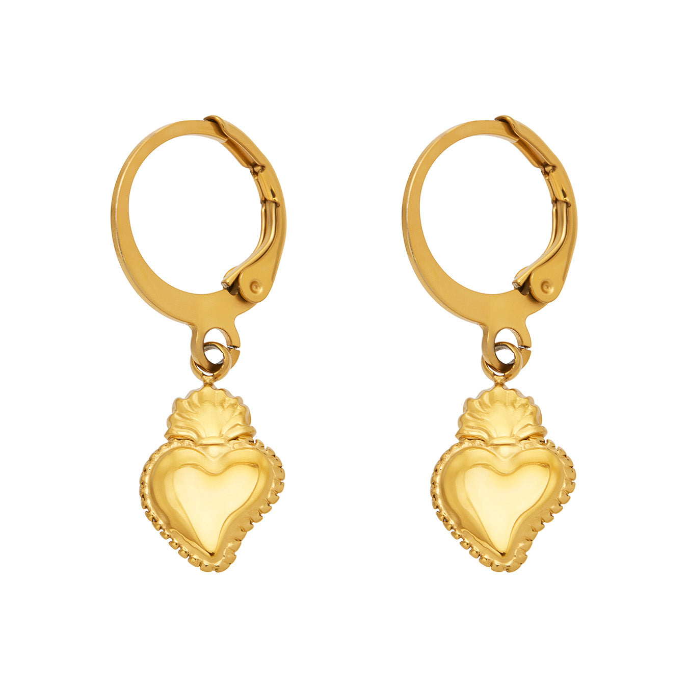 Gold heart charm huggie earrings in 316 stainless steel with polished suspended heart pendants
