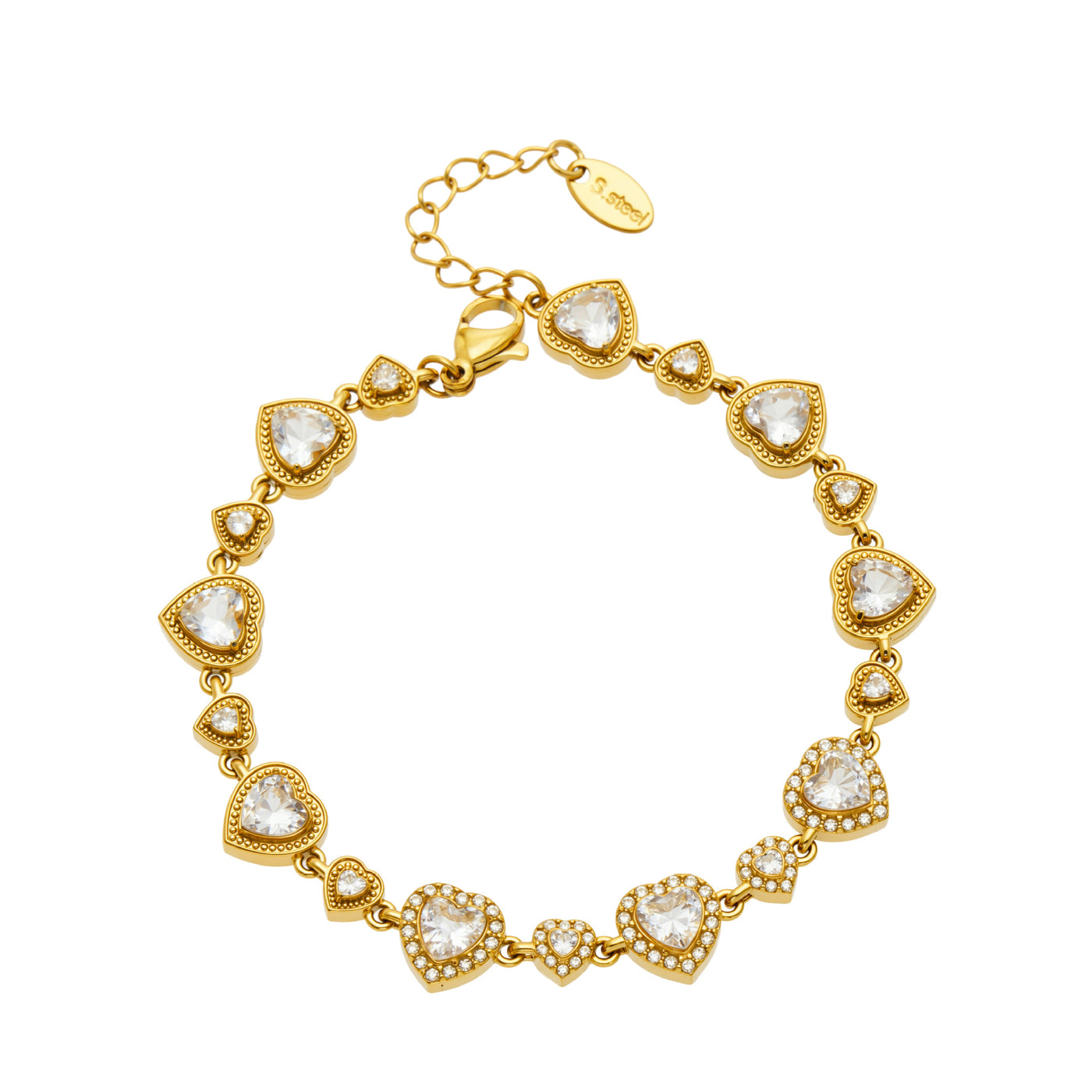 Gold heart cubic zirconia link bracelet made from 316L stainless steel
