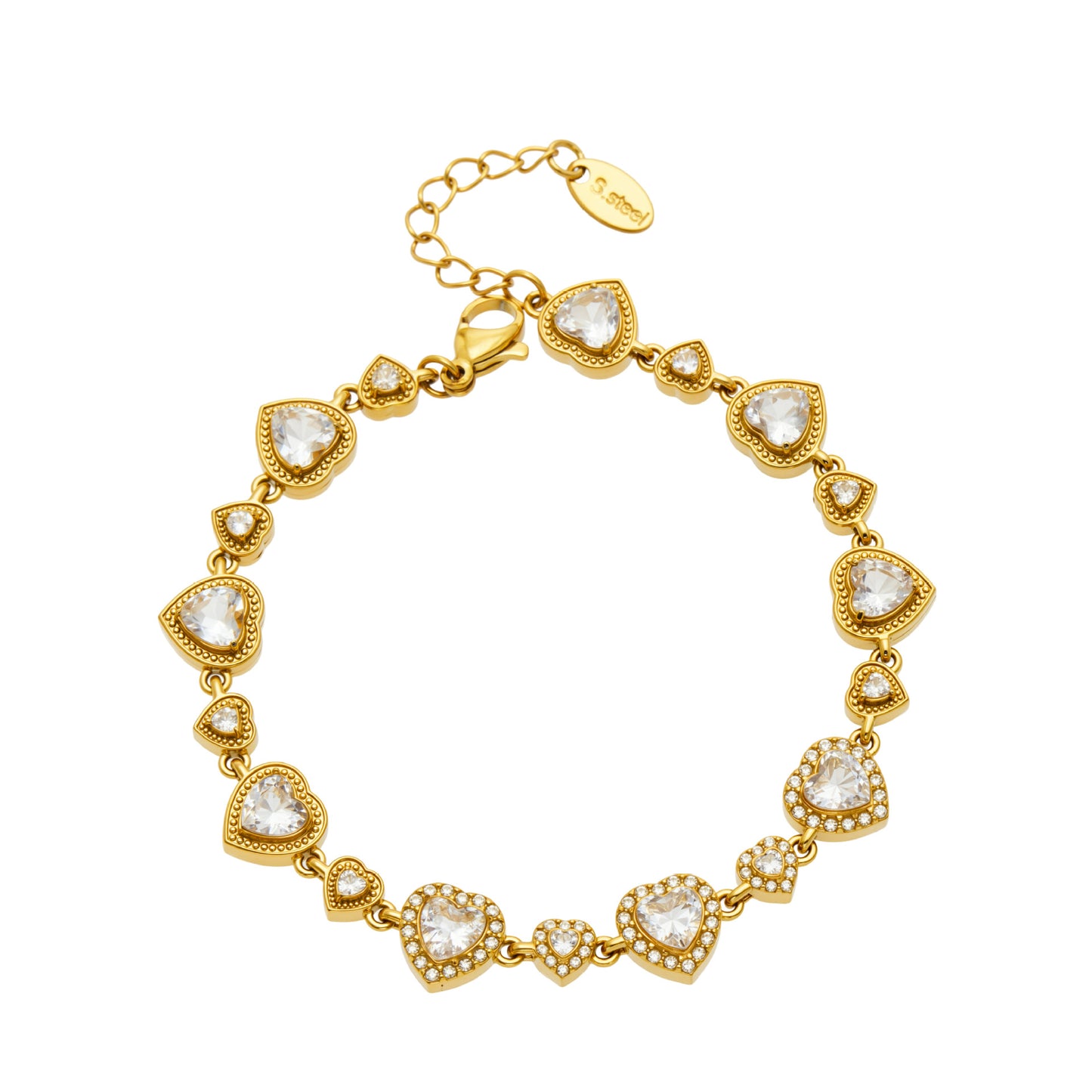 Gold heart cubic zirconia link bracelet made from 316L stainless steel