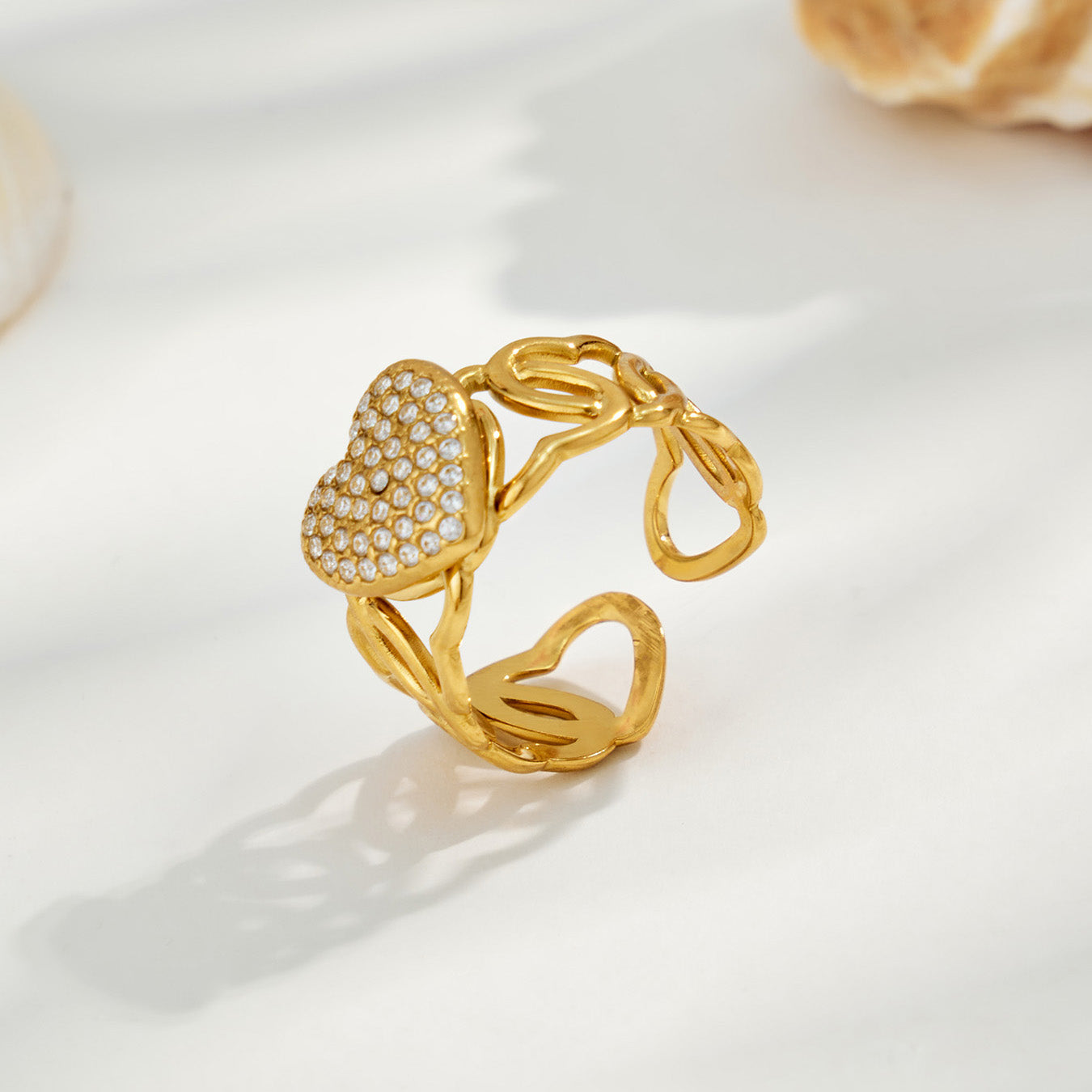 Gold heart-shaped cubic zirconia open ring in 316L stainless steel with 18K PVD finish