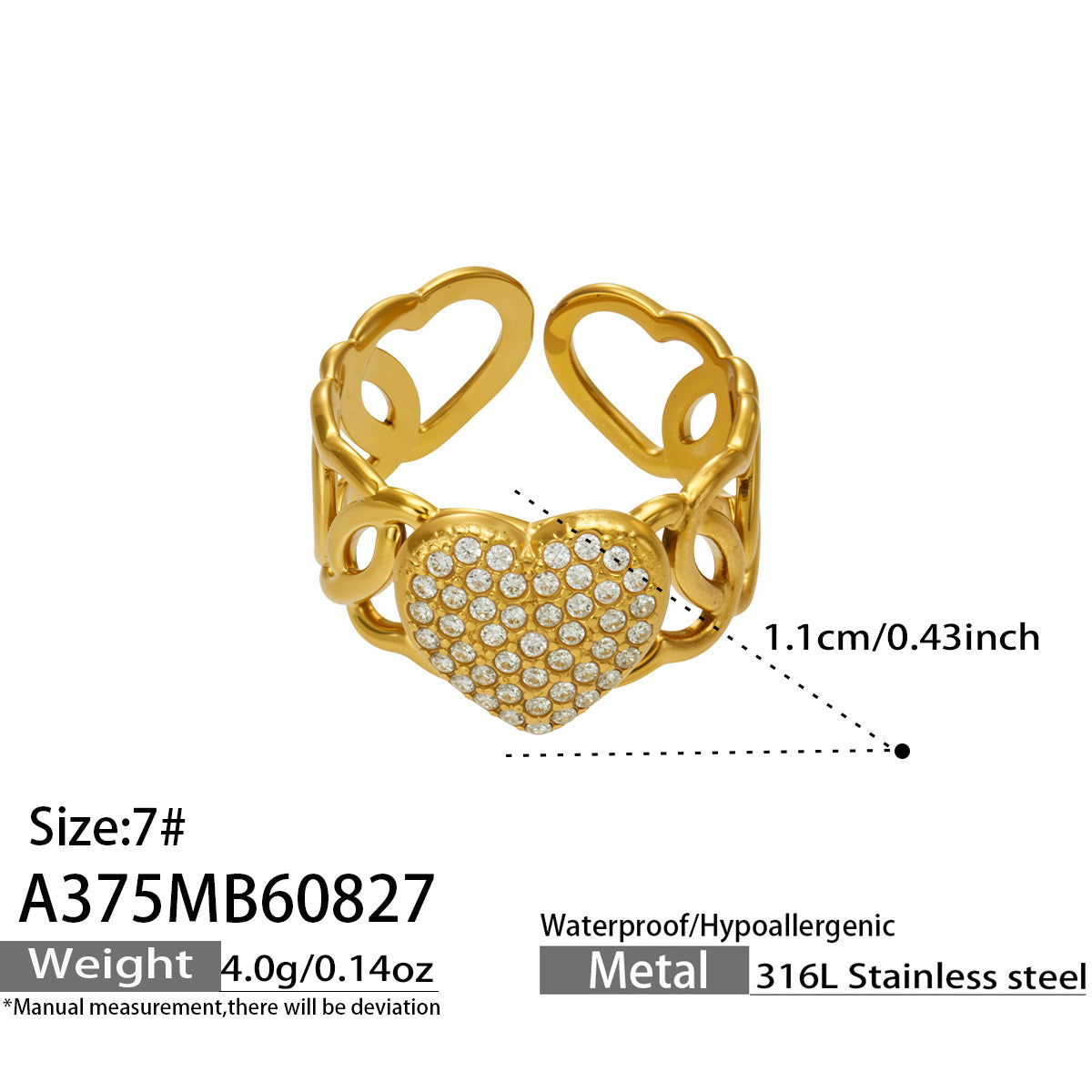 Size and measurement details for a gold heart cubic zirconia open ring in 316L stainless steel