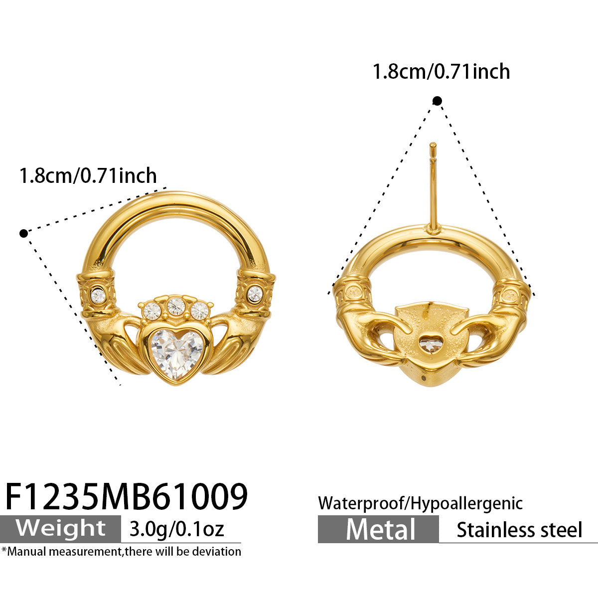 Product dimension diagram showing front and back views, measurements and post construction of gold heart hoop-style earrings