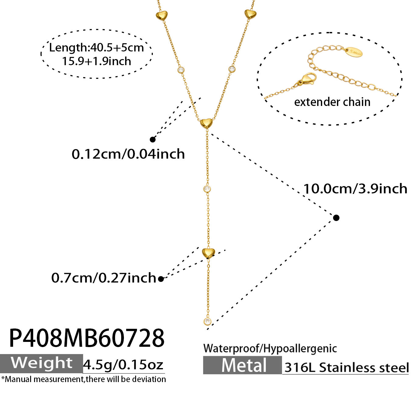MiduoduoJewelry gold heart lariat necklace length, drop dimensions and specification guide