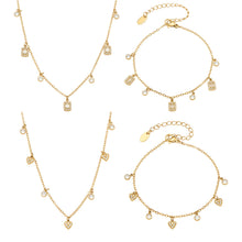 Gold heart and square zircon necklace bracelet collection with dainty charm designs for boutique wholesale jewelry buyers