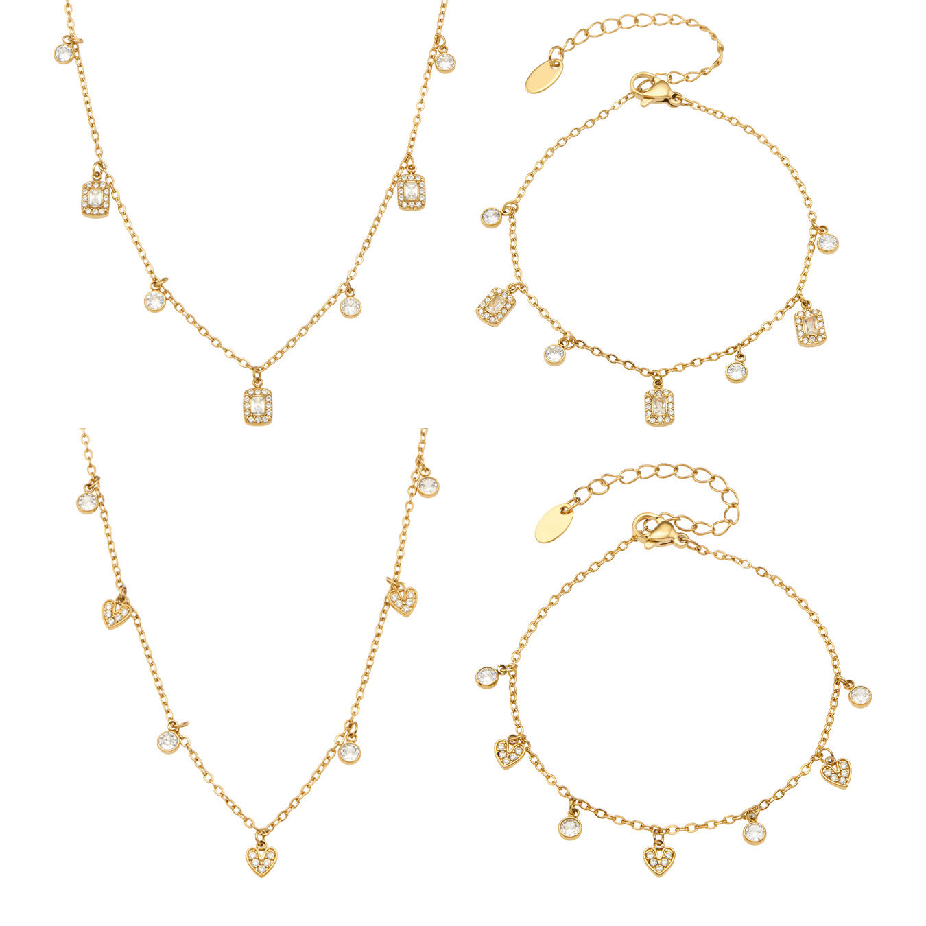 Gold heart and square zircon necklace bracelet collection with dainty charm designs for boutique wholesale jewelry buyers