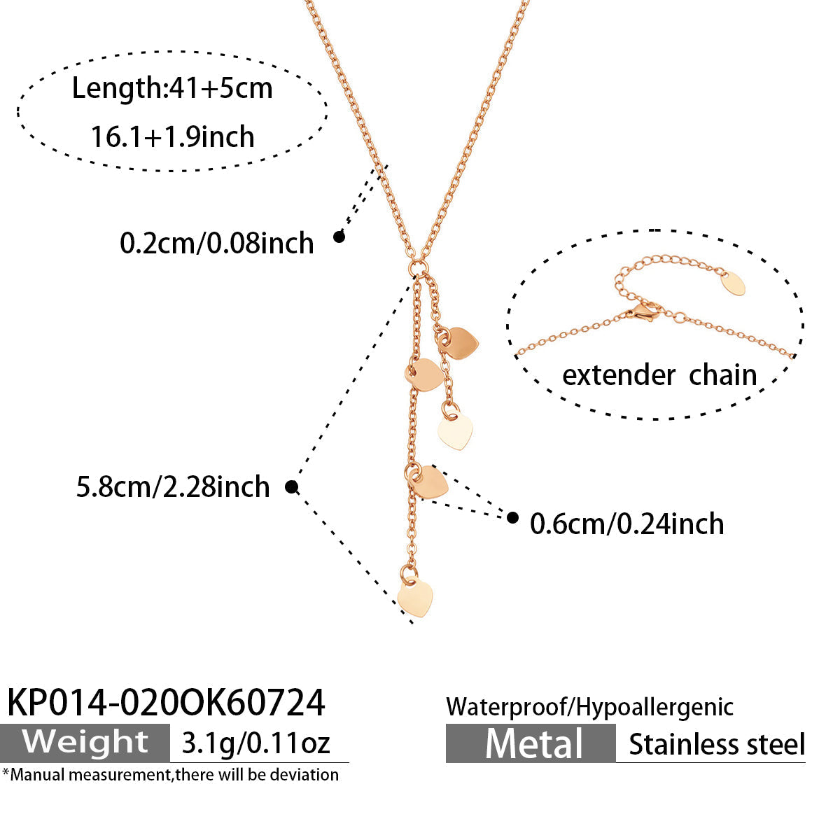 MiduoduoJewelry gold heart tassel Y necklace dimensions and chain specification guide