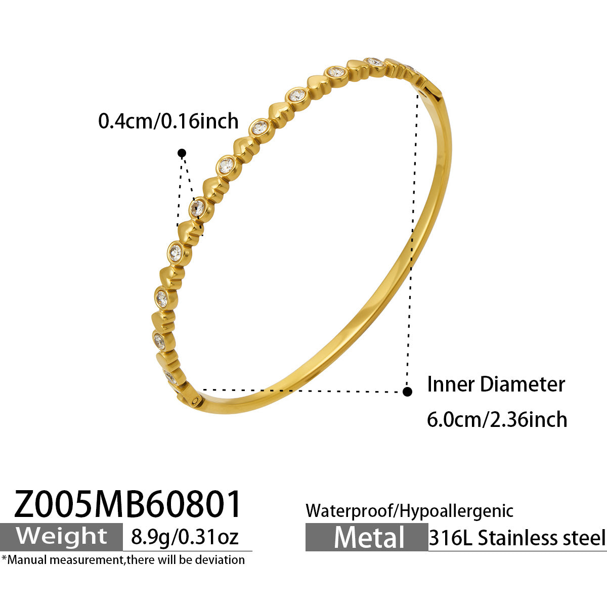 Gold heart zircon bangle dimensions and product specification guide