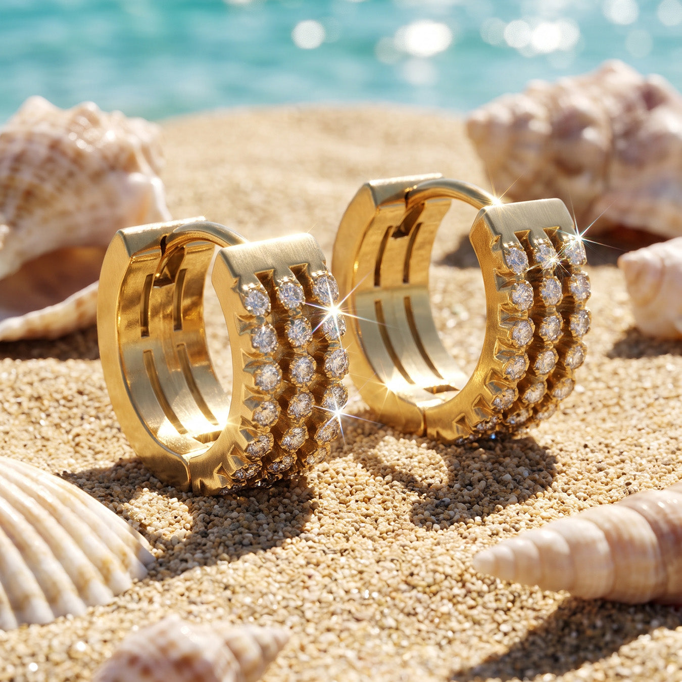 Triple-row gold zircon huggie earrings displayed on stone beside a blue coastal background