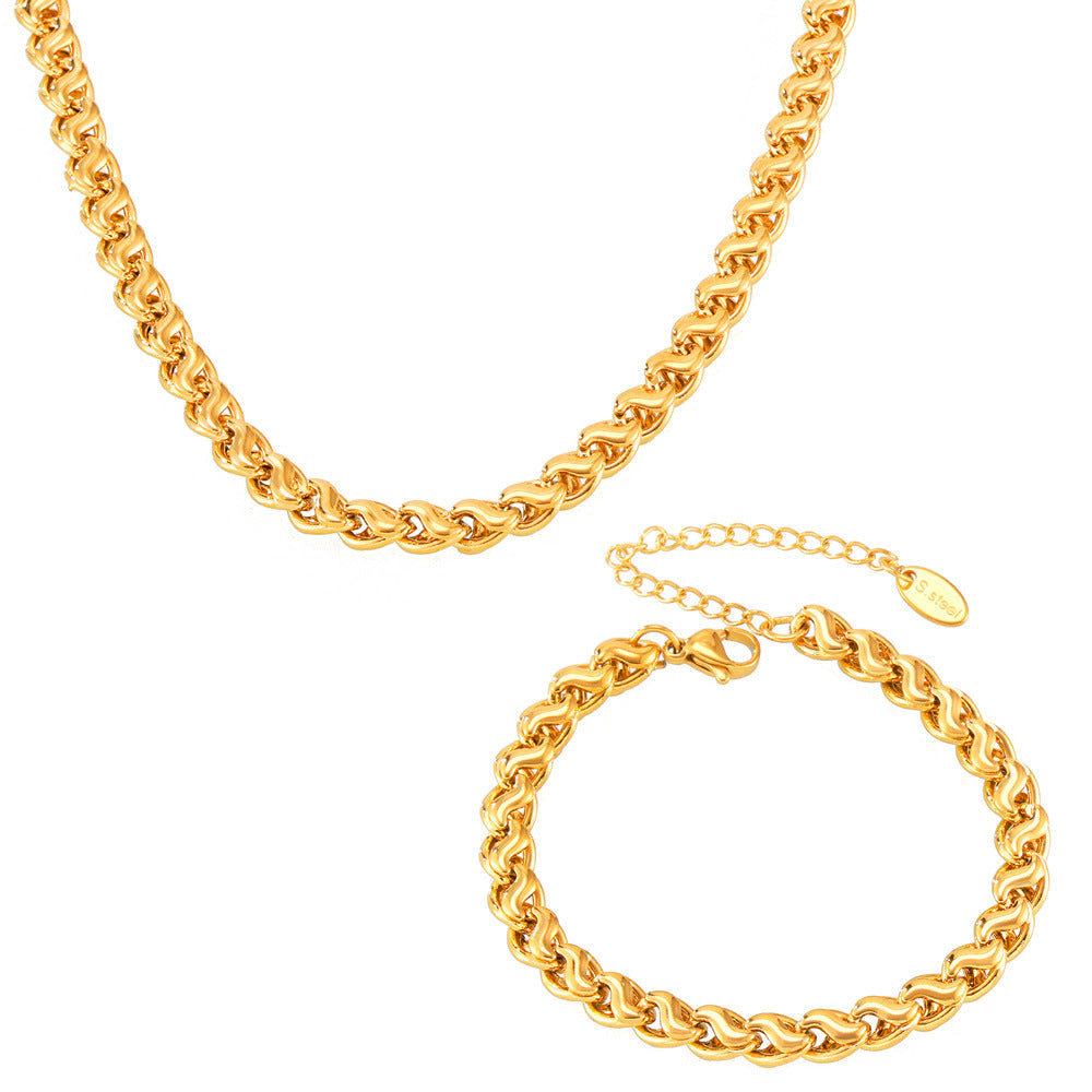 Gold interlocking link copper necklace and bracelet in a polished gold-tone finish