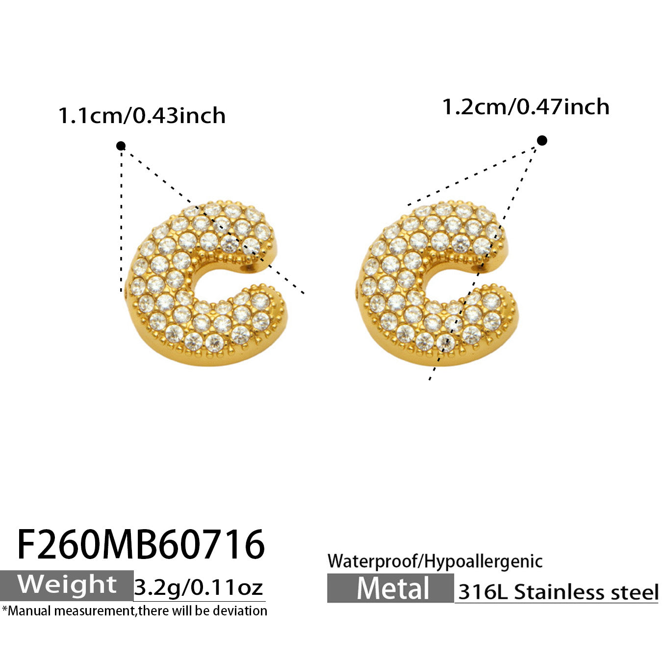 Size guide for gold letter C initial stud earrings