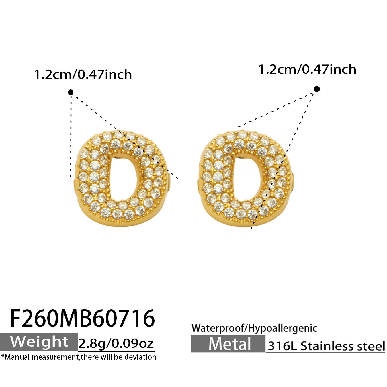 Size guide for gold letter D initial stud earrings