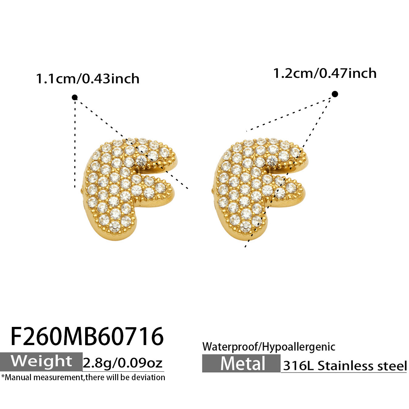 Size guide for gold letter F initial stud earrings