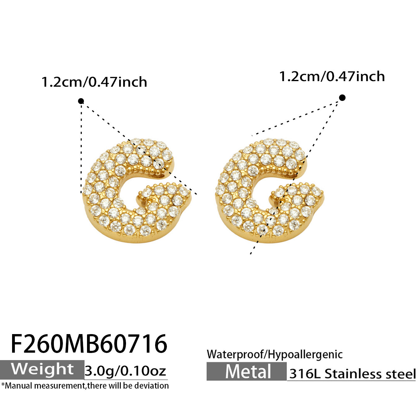 Size guide for gold letter G initial stud earrings
