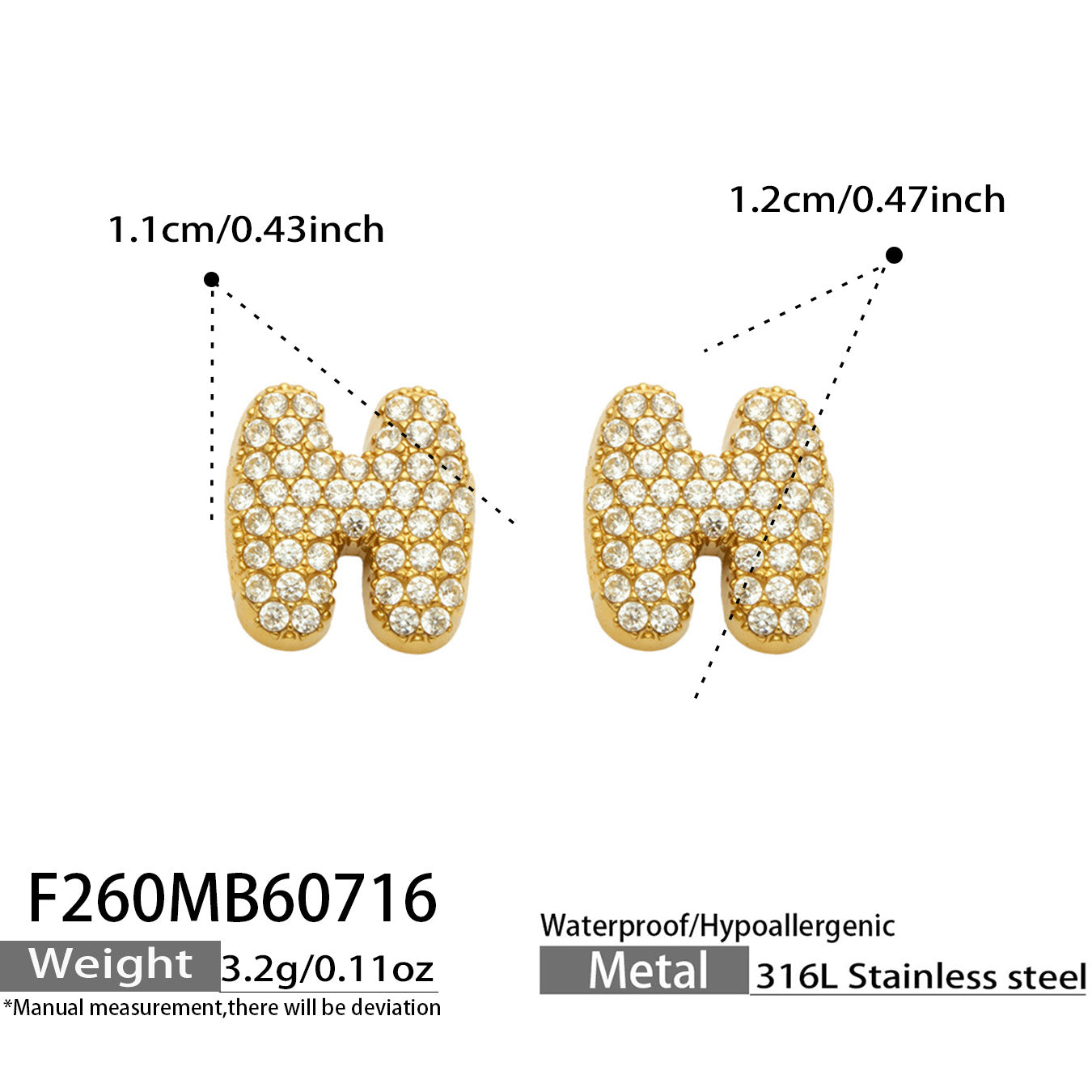 Size guide for gold letter H initial stud earrings