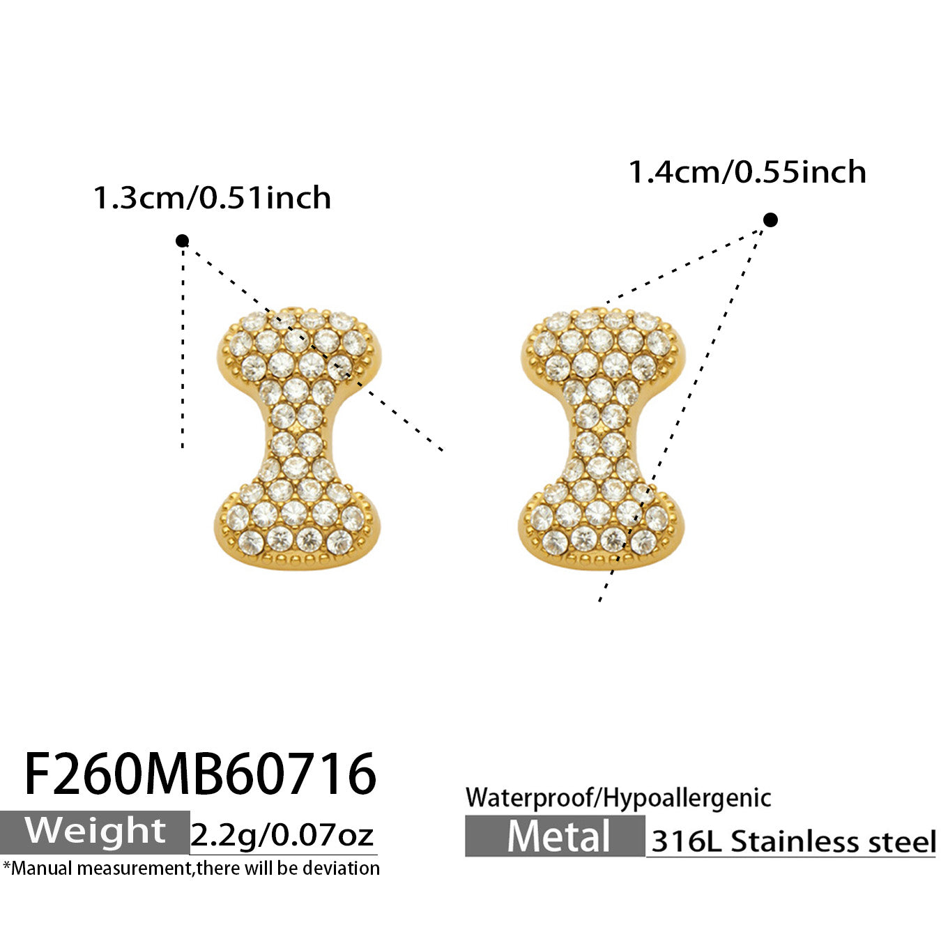 Size guide for gold letter I initial stud earrings