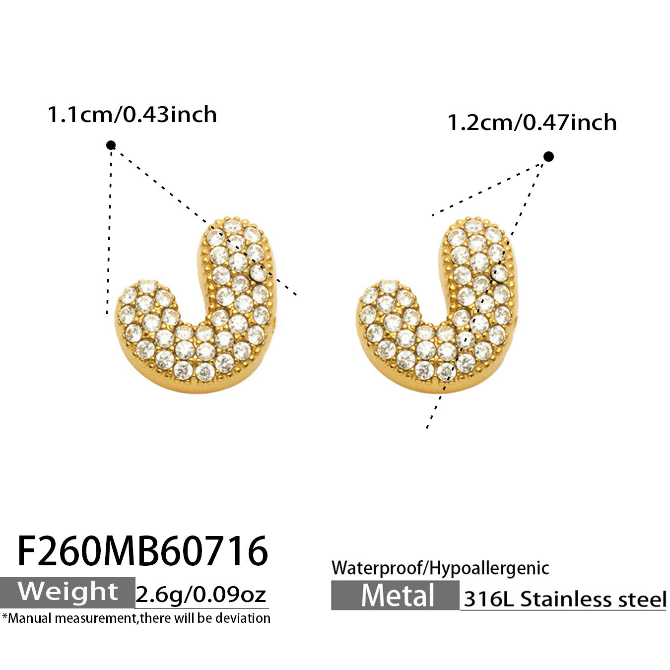 Size guide for gold letter J initial stud earrings