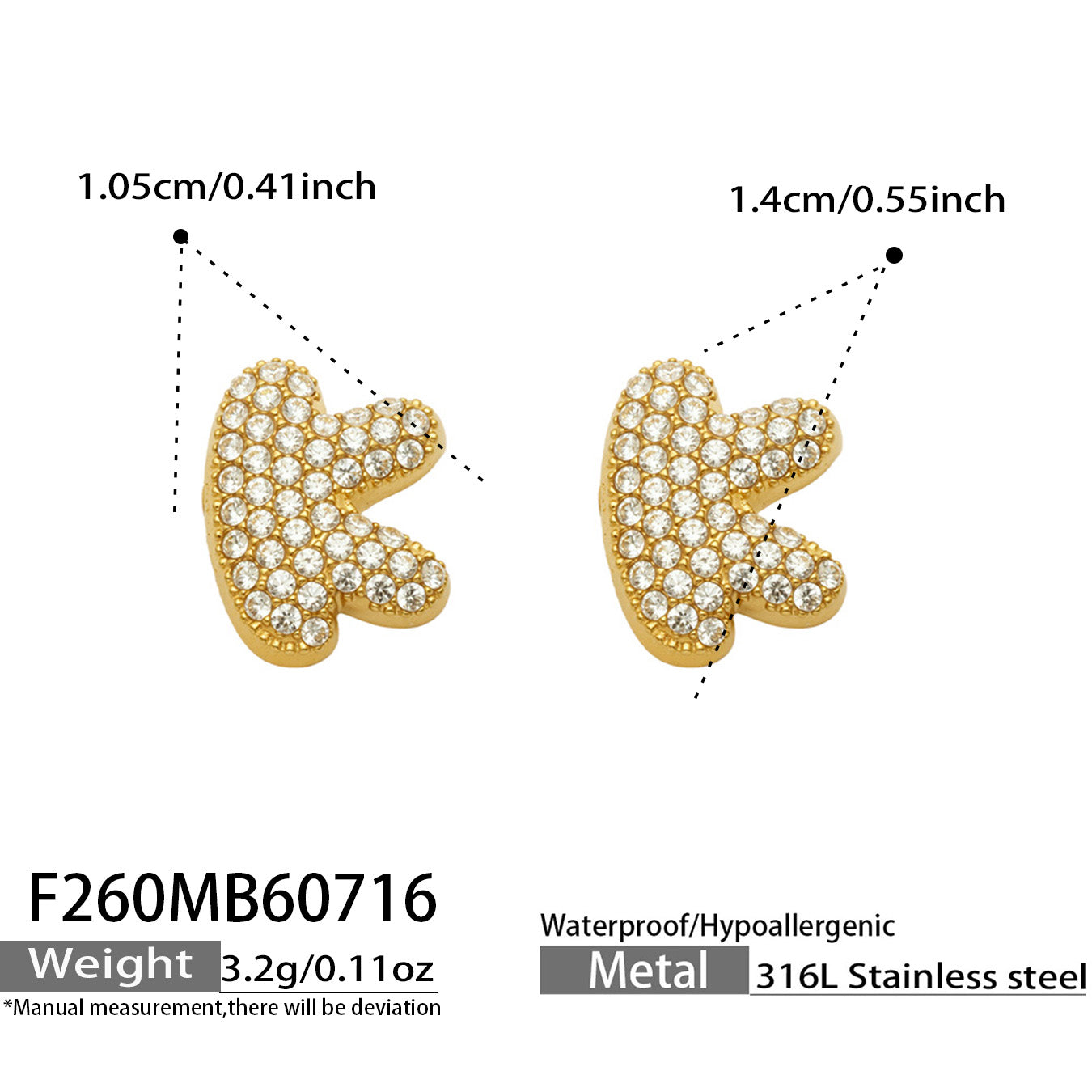 Size guide for gold letter K initial stud earrings