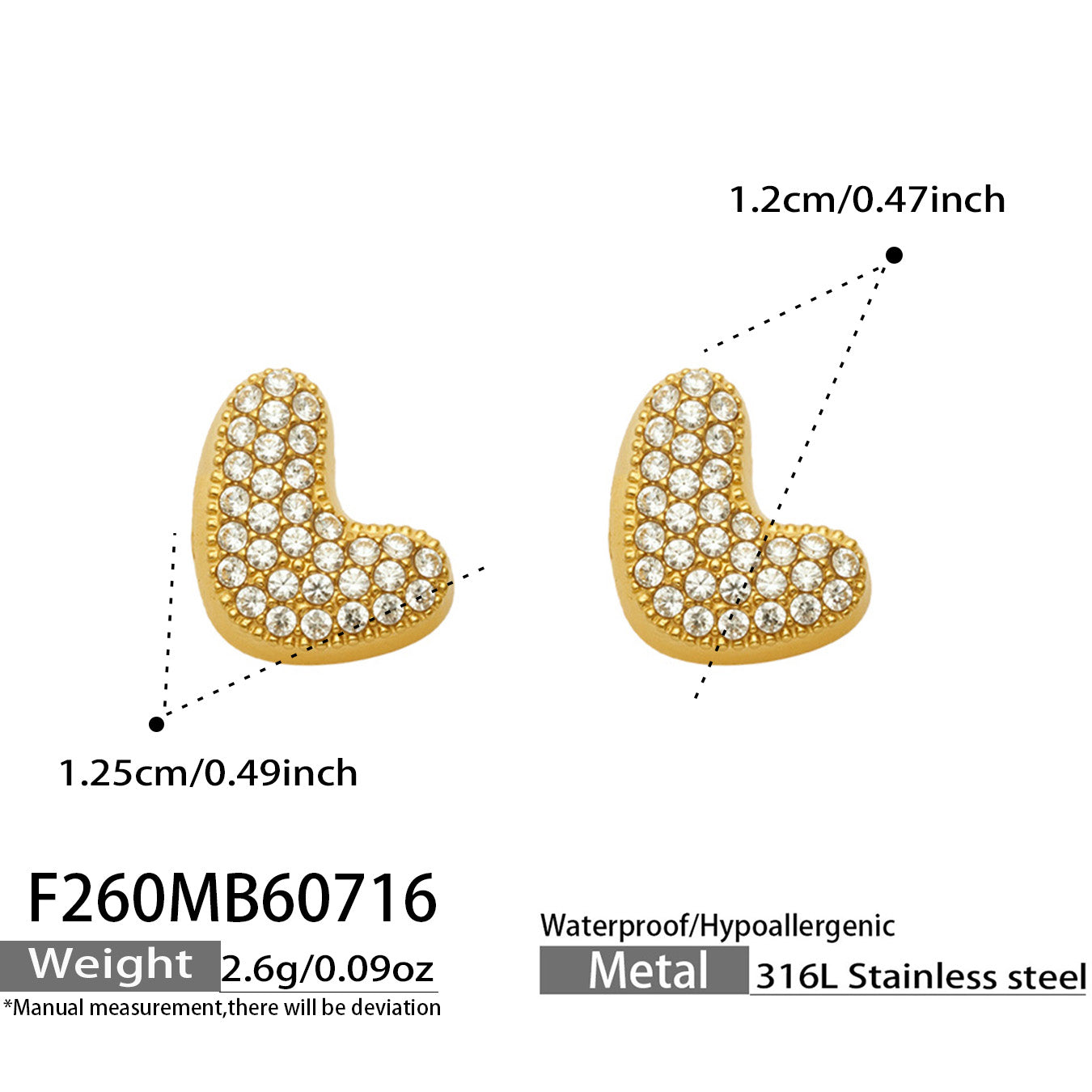 Size guide for gold letter L initial stud earrings
