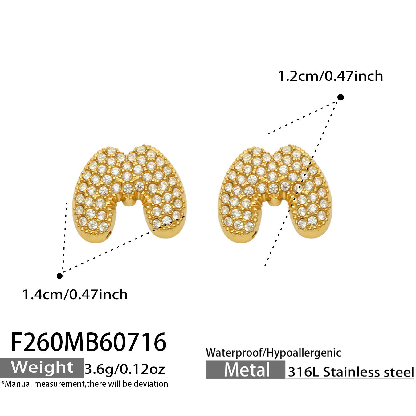 Size guide for gold letter M initial stud earrings