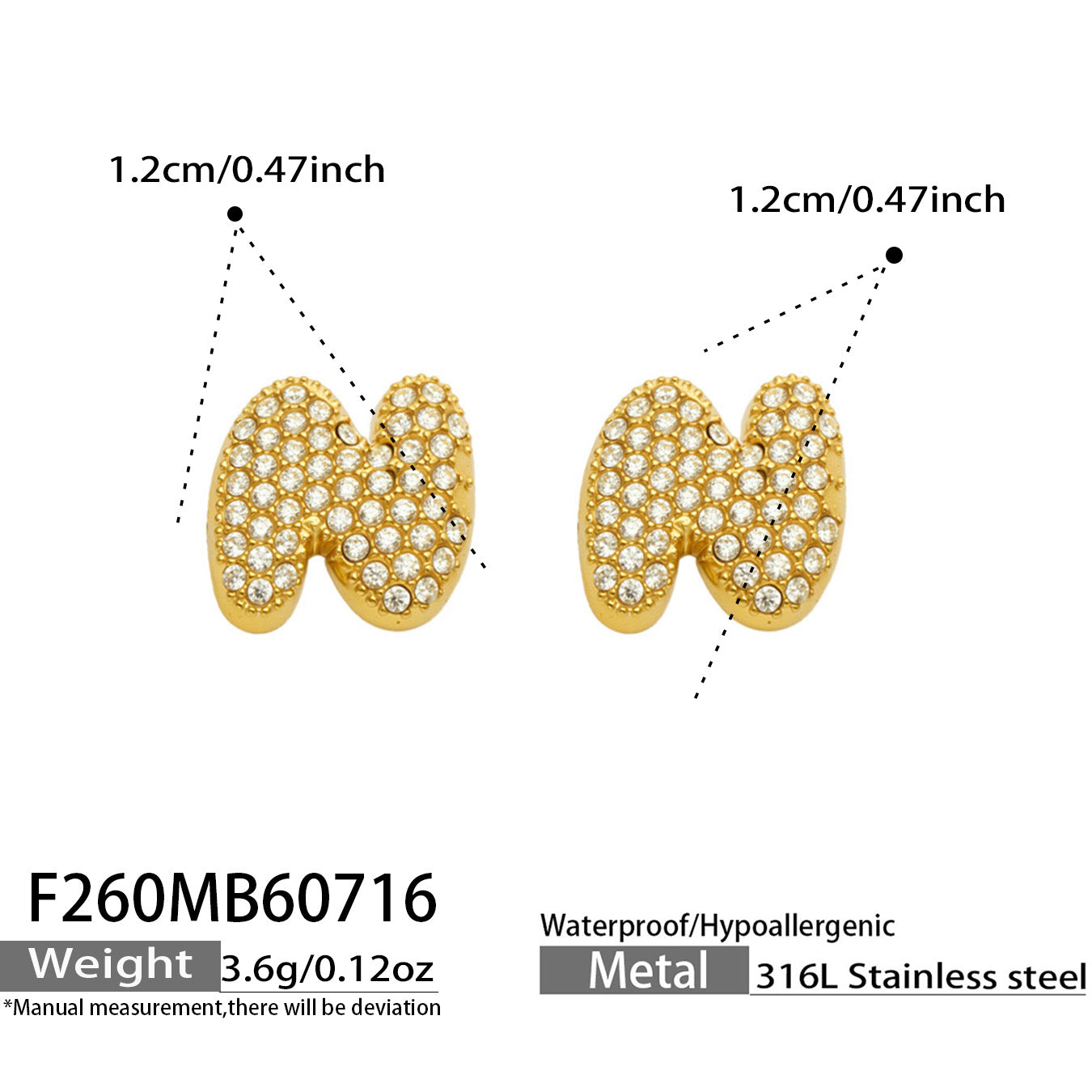 Size guide for gold letter N initial stud earrings
