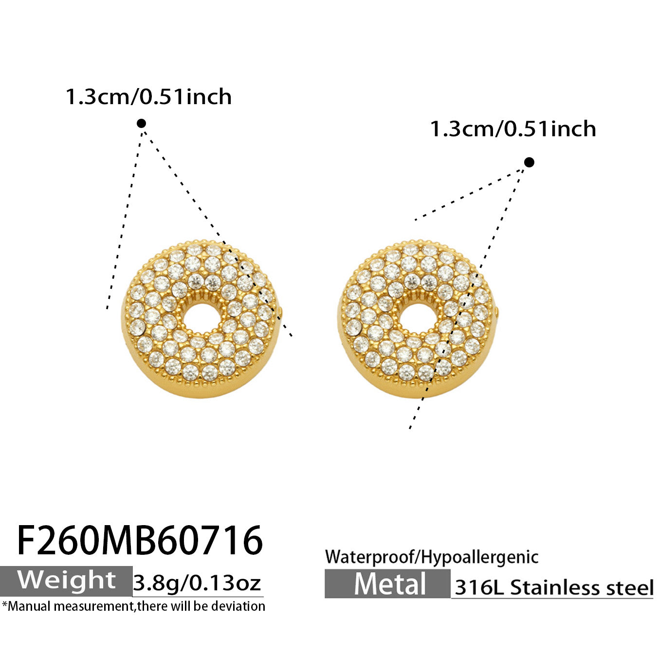 Size guide for gold letter O initial stud earrings