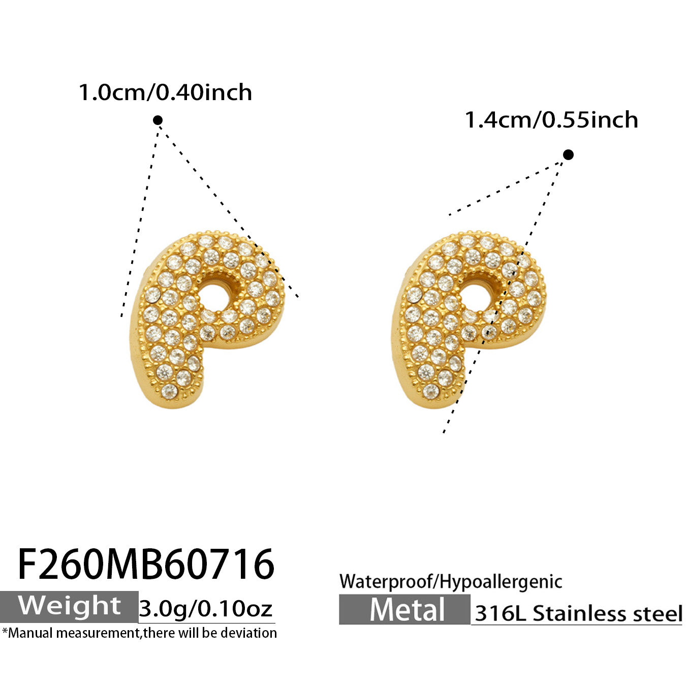 Size guide for gold letter P initial stud earrings