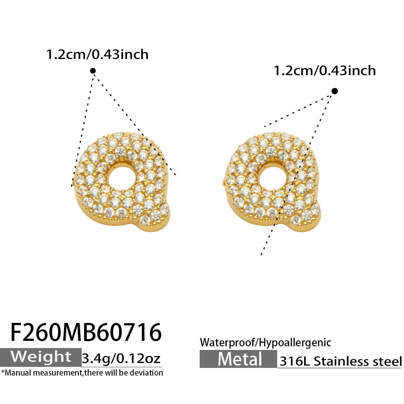 Size guide for gold letter Q initial stud earrings