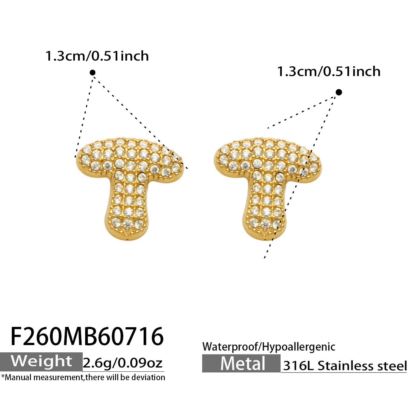 Size guide for gold letter T initial stud earrings