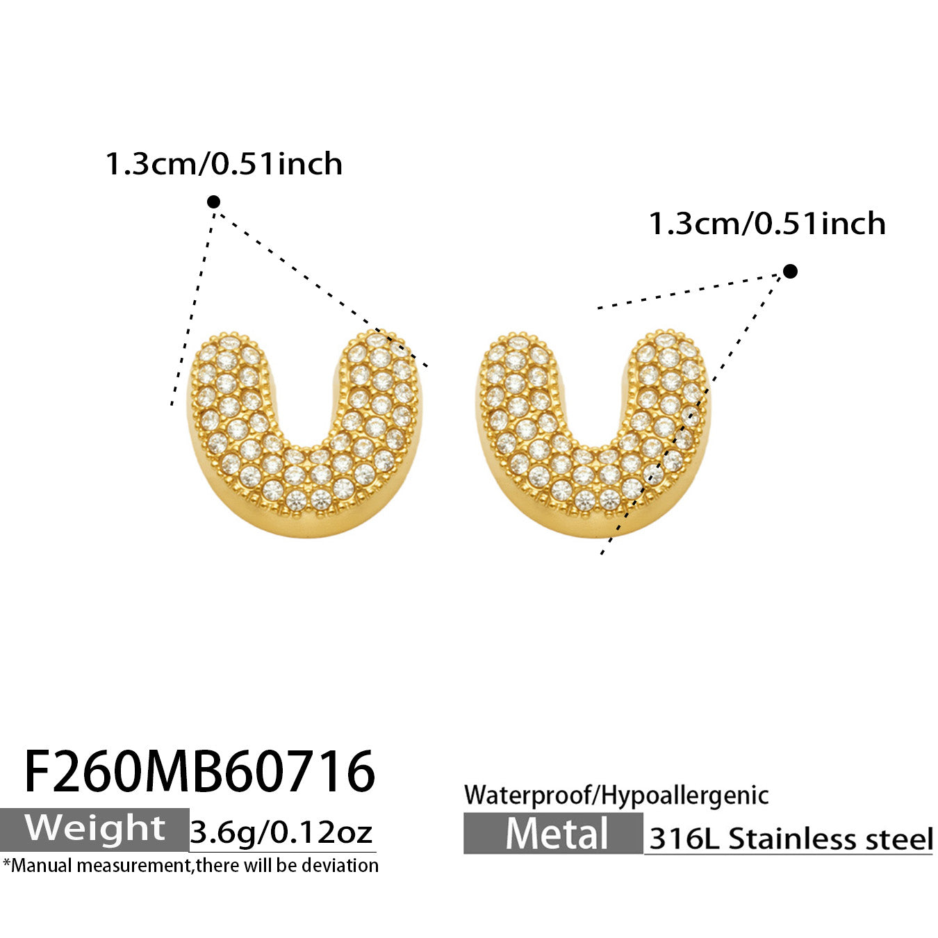 Size guide for gold letter U initial stud earrings