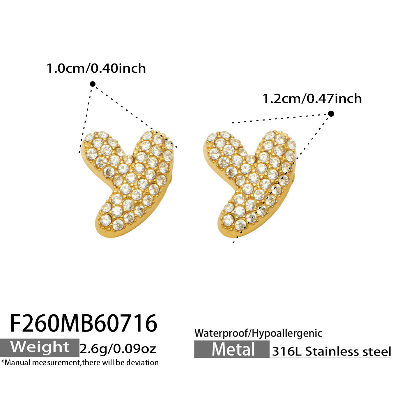 Size guide for gold letter Y initial stud earrings