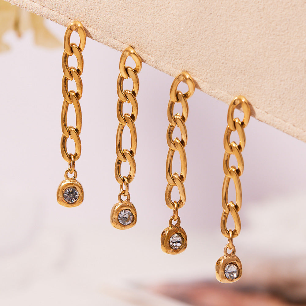 Gold link chain zircon drop earrings displayed together to show the matching pair