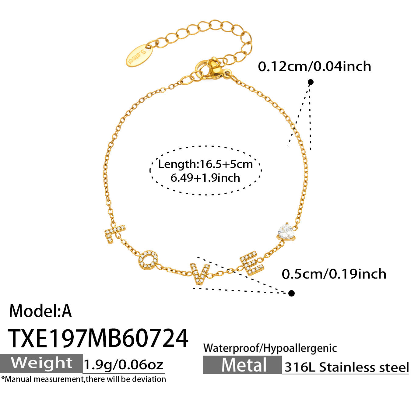 MiduoduoJewelry gold LOVE letter zircon bracelet dimensions and specification guide