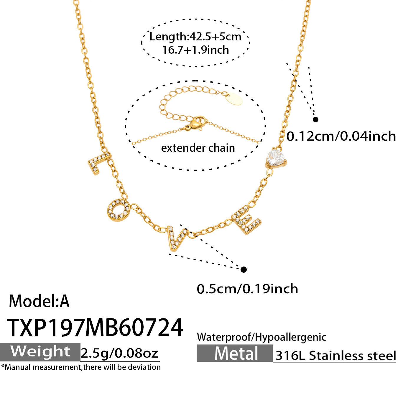 MiduoduoJewelry gold LOVE letter zircon necklace chain length and specification guide