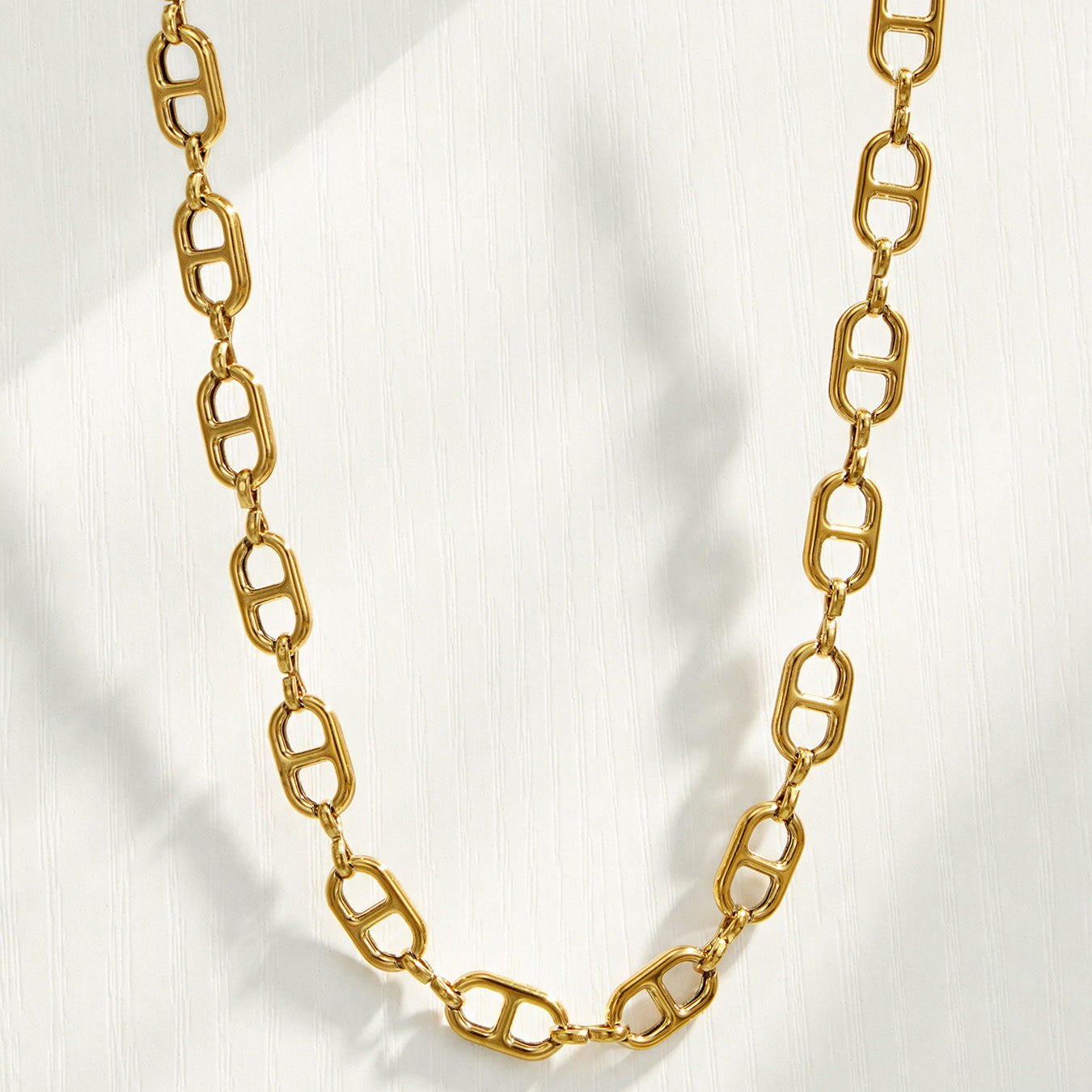 Gold mariner link necklace arranged in a clean oval flat lay