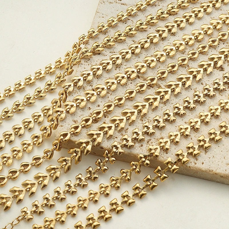 Close-up of gold mixed chain bracelet with geometric link details for stackable bracelet assortments